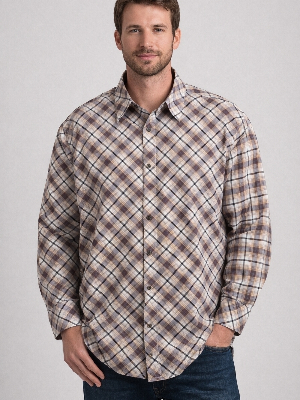Perry Ellis Beige and Brown Plaid Long-Sleeve Button-Down Shirt 100% Cotton